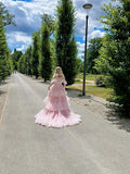 Pink Off Shoulder Ball Gown Layered Tulle Long Quinceanera Dress Graduation Prom Dresses HZ1024