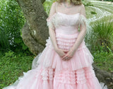 Pink Off Shoulder Ball Gown Layered Tulle Long Quinceanera Dress Graduation Prom Dresses HZ1024