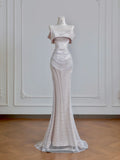 Champagne Formal Dresses Mermaid Prom Dresses Elegant Metal Mesh Long Off-the-Shoulder Evening Gowns HZ1024