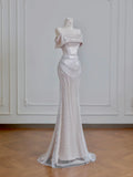 Champagne Formal Dresses Mermaid Prom Dresses Elegant Metal Mesh Long Off-the-Shoulder Evening Gowns HZ1024