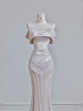 Champagne Formal Dresses Mermaid Prom Dresses Elegant Metal Mesh Long Off-the-Shoulder Evening Gowns HZ1024