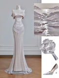 Champagne Formal Dresses Mermaid Prom Dresses Elegant Metal Mesh Long Off-the-Shoulder Evening Gowns HZ1024