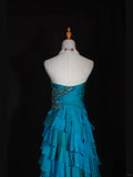 Blue Sweetheart Neck Tiered Ball Gown Beaded Chiffon Formal Dresses Modest Evening Gowns HZ1024
