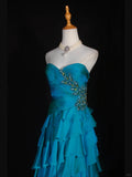 Blue Sweetheart Neck Tiered Ball Gown Beaded Chiffon Formal Dresses Modest Evening Gowns HZ1024