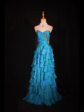 Blue Sweetheart Neck Tiered Ball Gown Beaded Chiffon Formal Dresses Modest Evening Gowns HZ1024