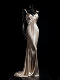 Champagne Mermaid Long Evening Gowns Satin Elegant V-neckProm Dresses Bridesmaid Dresses with Tassels HZ1024