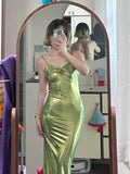 Green Bodycon Birthday Dress Satin Elegant Spaghetti Strap Evening Dress Backless Wedding Guest Dress HZ1024