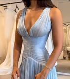 Blue V-neck Evening Gowns Chiffon Elegant Ball Gown Wedding Guest Dress Graduation Prom Dress HZ1024