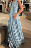 Blue V-neck Evening Gowns Chiffon Elegant Ball Gown Wedding Guest Dress Graduation Prom Dress HZ1024