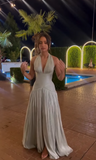 Blue V-neck Evening Gowns Chiffon Elegant Ball Gown Wedding Guest Dress Graduation Prom Dress HZ1024
