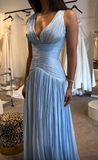 Blue V-neck Evening Gowns Chiffon Elegant Ball Gown Wedding Guest Dress Graduation Prom Dress HZ1024