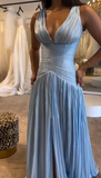 Blue V-neck Evening Gowns Chiffon Elegant Ball Gown Wedding Guest Dress Graduation Prom Dress HZ1024