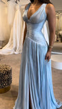 Blue V-neck Evening Gowns Chiffon Elegant Ball Gown Wedding Guest Dress Graduation Prom Dress HZ1024