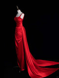 Burgundy Sheath Long Evening Gowns Satin Square Neck Formal Dress Prom Dresses Bridesmaid Dresses HZ1024