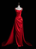 Burgundy Sheath Long Evening Gowns Satin Square Neck Formal Dress Prom Dresses Bridesmaid Dresses HZ1024