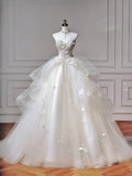 White Sweetheart Neck Wedding Dress Long Ball Gowns Tulle Beaded Quinceanera Dress Bridal Gown HZ1024