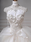 White Sweetheart Neck Wedding Dress Long Ball Gowns Tulle Beaded Quinceanera Dress Bridal Gown HZ1024