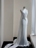 White Halter Neck Wedding Dress Long Mermaid Evening Gown Satin Simple 22nd Birthday Outfit HZ1024