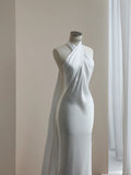 White Halter Neck Wedding Dress Long Mermaid Evening Gown Satin Simple 22nd Birthday Outfit HZ1024
