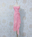 Pink Spaghetti Strap Evening Dress 16th Birthday Dress Sheath Chiffon Ruffle Formal Dresses HZ1024