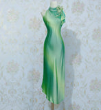 Gradient Green Sheath Formal Dresses Vintage Elegant High Neck Satin Evening Dress Party Dress HZ1024