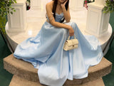 A-Line Sky Blue Evening Gowns Sweetheart Neck Formal Dresses Satin Elegant 18th Birthday Outfit HZ1024