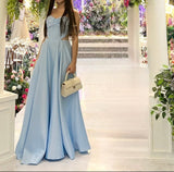 A-Line Sky Blue Evening Gowns Sweetheart Neck Formal Dresses Satin Elegant 18th Birthday Outfit HZ1024