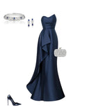 Navy Blue Mermaid Evening Gowns Strapless Satin Graduation Prom Dress Elegant Formal Dresses HZ1024