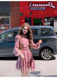 pink floral V-neck long-sleeved dress HZ1024