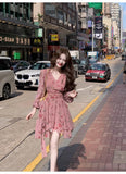 pink floral V-neck long-sleeved dress HZ1024