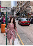 pink floral V-neck long-sleeved dress HZ1024