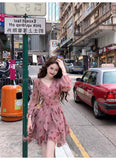 pink floral V-neck long-sleeved dress HZ1024