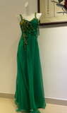 Green Sheath Formal Dress Beaded Applique Tulle Long Prom Dresses Classy Pleated Evening Dress HZ1024