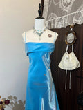 Blue Sheath Formal Dress Elegant Satin Spaghetti Straps Long Prom Dresses Classy 18th Birthday Outfit HZ1024