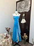 Blue Sheath Formal Dress Elegant Satin Spaghetti Straps Long Prom Dresses Classy 18th Birthday Outfit HZ1024
