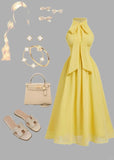 Butter Yellow Ball Gown Halter Chiffon Formal Dress Fashion Party Outfit HZ1024