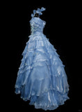 Light Blue Organza Long Ball Gowns Beaded Appliqu¨¦s Tiered Bridal Gowns Cute Quinceanera Dress HZ1024