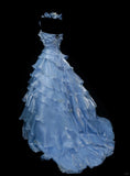 Light Blue Organza Long Ball Gowns Beaded Appliqu¨¦s Tiered Bridal Gowns Cute Quinceanera Dress HZ1024
