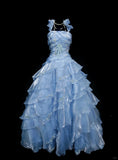 Light Blue Organza Long Ball Gowns Beaded Appliqu¨¦s Tiered Bridal Gowns Cute Quinceanera Dress HZ1024
