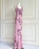 Light Purple Sheath Evening Dress U Neck Chiffon Vintage Long Formal Dress Beaded Applique Prom Dresses HZ1024
