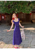 Slim Tea Lace Square Neck Ruffle Edge Floral Dress HZ1024