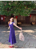 Slim Tea Lace Square Neck Ruffle Edge Floral Dress HZ1024