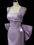 Purple Mermaid Evening Gowns Elegant Satin Square Neck Long Prom Dresses with Bow HZ1024