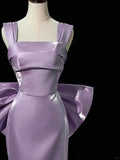 Purple Mermaid Evening Gowns Elegant Satin Square Neck Long Prom Dresses with Bow HZ1024