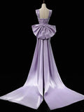 Purple Mermaid Evening Gowns Elegant Satin Square Neck Long Prom Dresses with Bow HZ1024