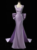 Purple Mermaid Evening Gowns Elegant Satin Square Neck Long Prom Dresses with Bow HZ1024