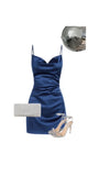 Navy Blue Spaghetti Strap Sheath Short Homecoming Outfit Elegant Party Dress Satin Middle School Hoco Dresses HZ1024