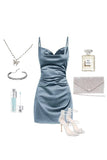 Gray Blue Spaghetti Strap Sheath Short Homecoming Outfit Fashion Satin Birthday Dress Middle School Hoco Dresses HZ1024