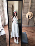 style embroidered single-breasted button white suspender dress HZ1024