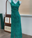 retro floral ruffled temperament waist slit dress HZ1024